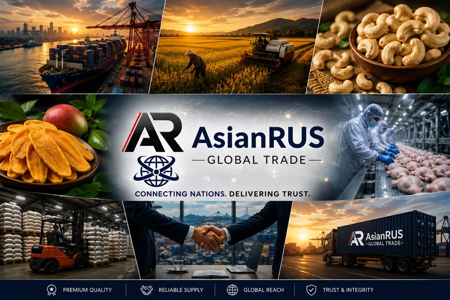 AsianRUS Global Trade collage showing agriculture, shipping, food processing, warehouse logistics, partnership, and container trade